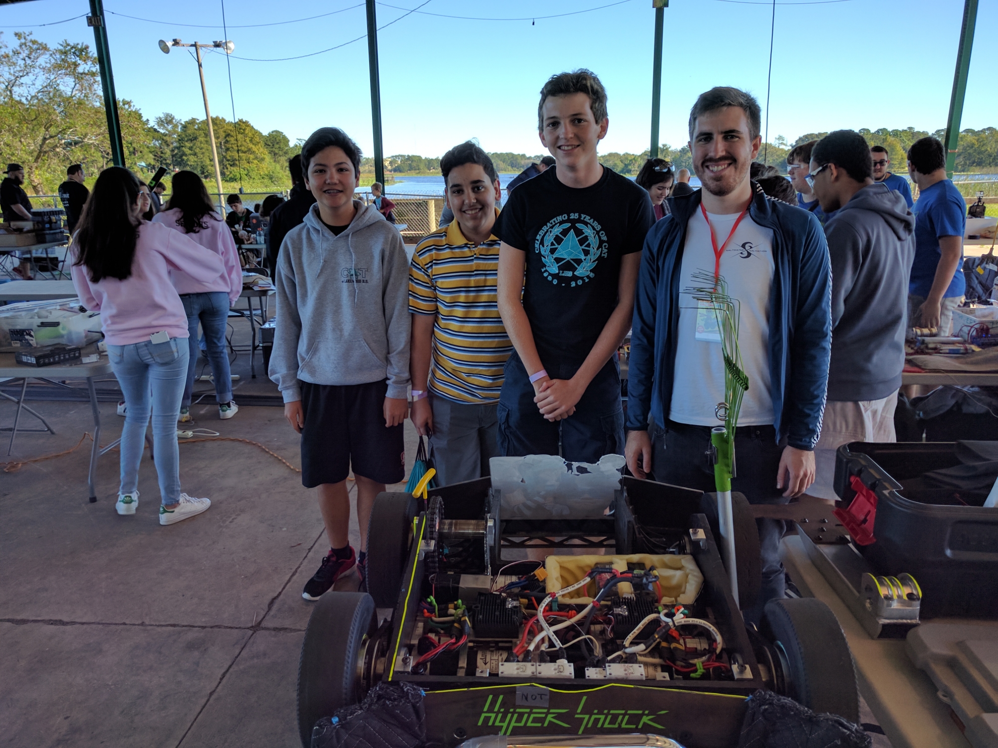 They were not allowed to use the HyperShock name at Maker Faire but we did get a photo of the bot and signature rake used to swat the drones.